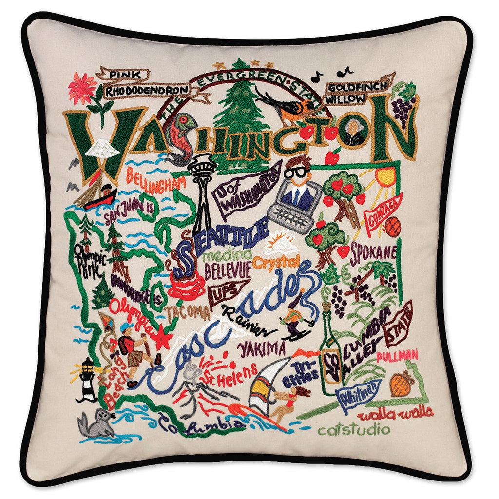 Washington State Evergreen embroidered throw pillow with evergreen trees.