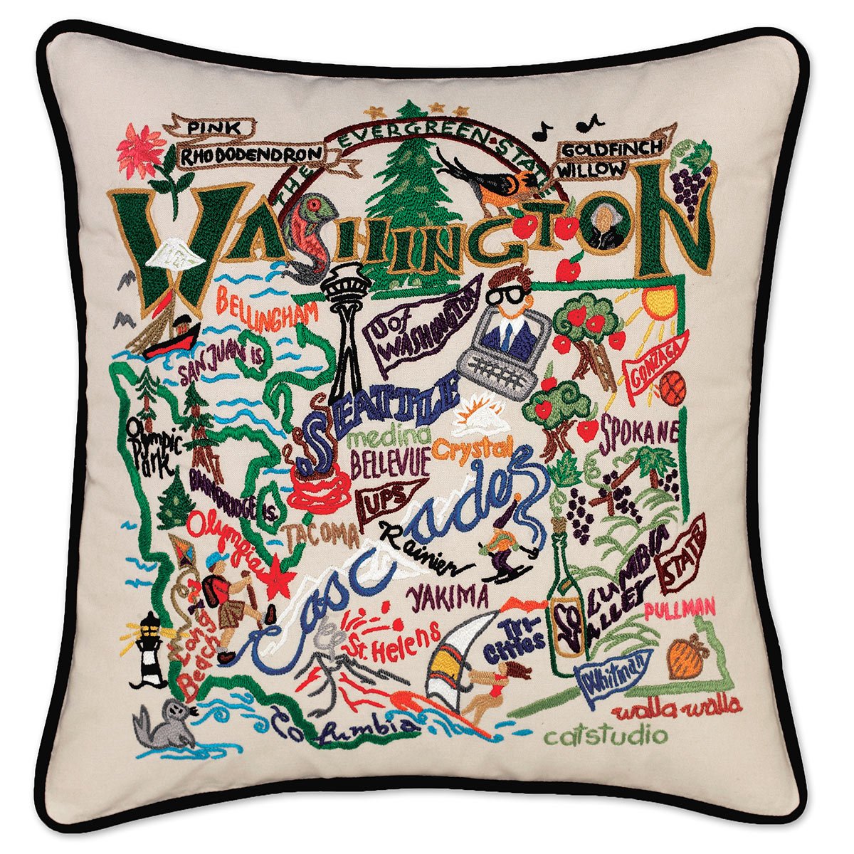 Washington State Evergreen hand-embroidered throw pillow showcasing iconic landmarks