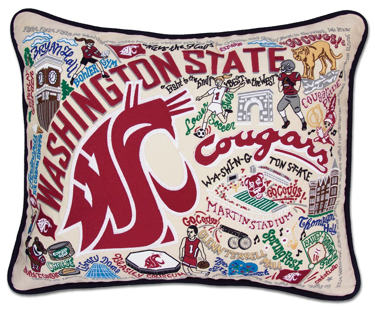 Washington State University Cougars hand-embroidered throw pillow featuring school colors and mascot imagery