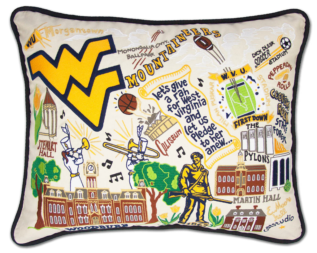 West Virginia University Mountaineers embroidered pillow with school emblem.