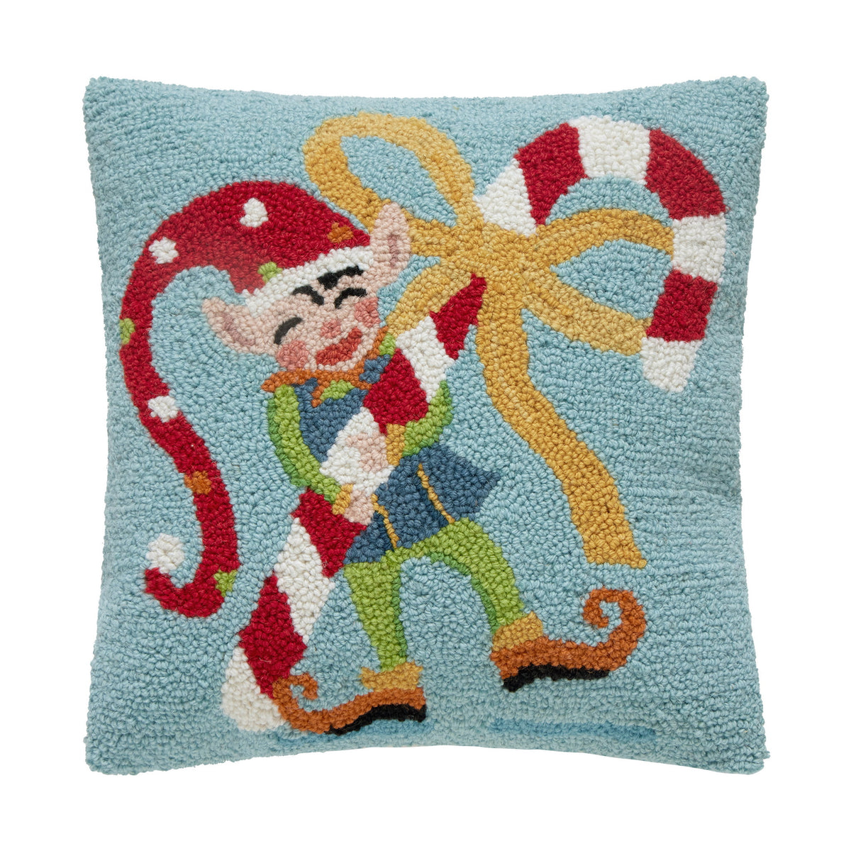 Whimsy Elf Hooked Wool Christmas Throw Pillow, 16x16 inch, front view