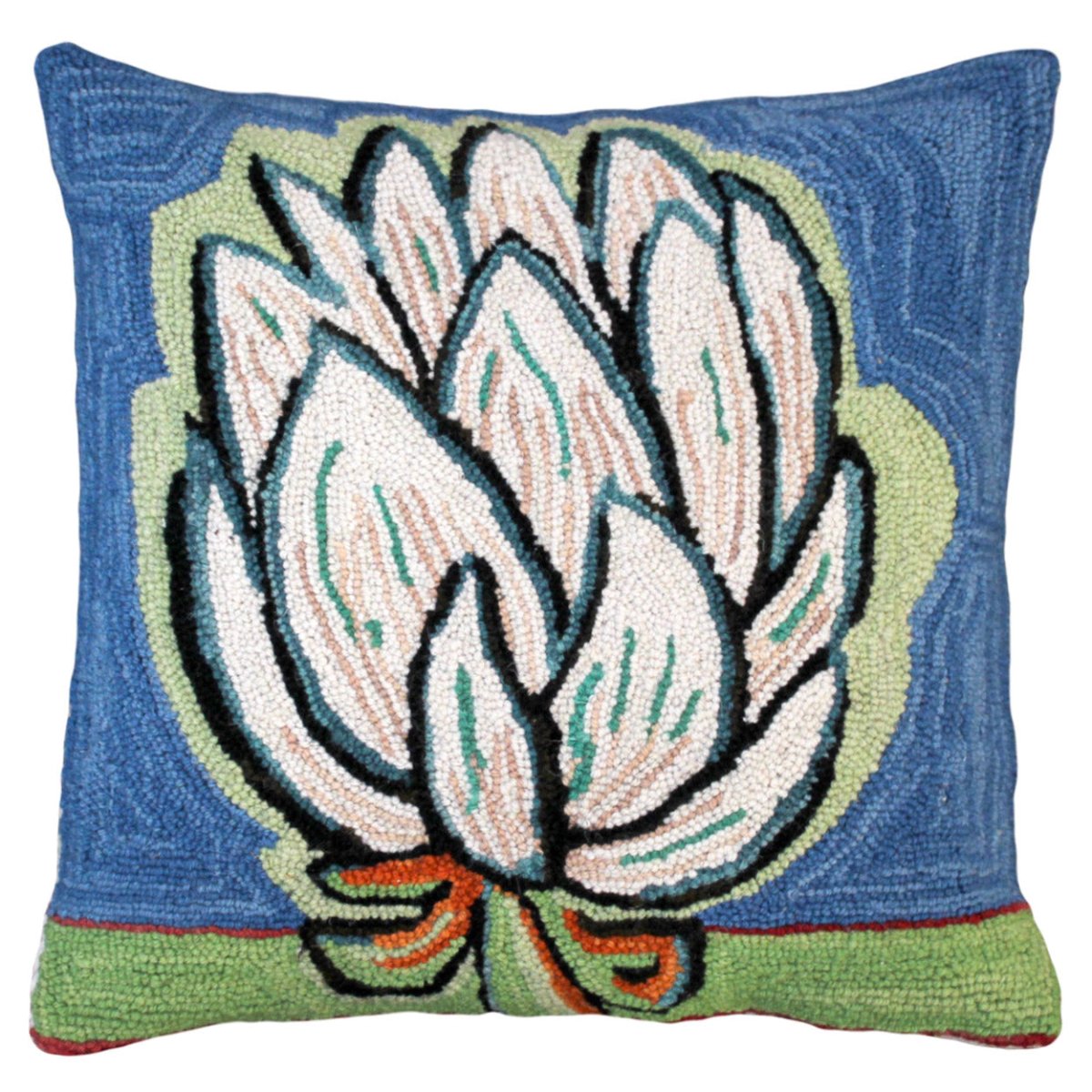White Abstract hooked wool throw pillow with botanical floral design