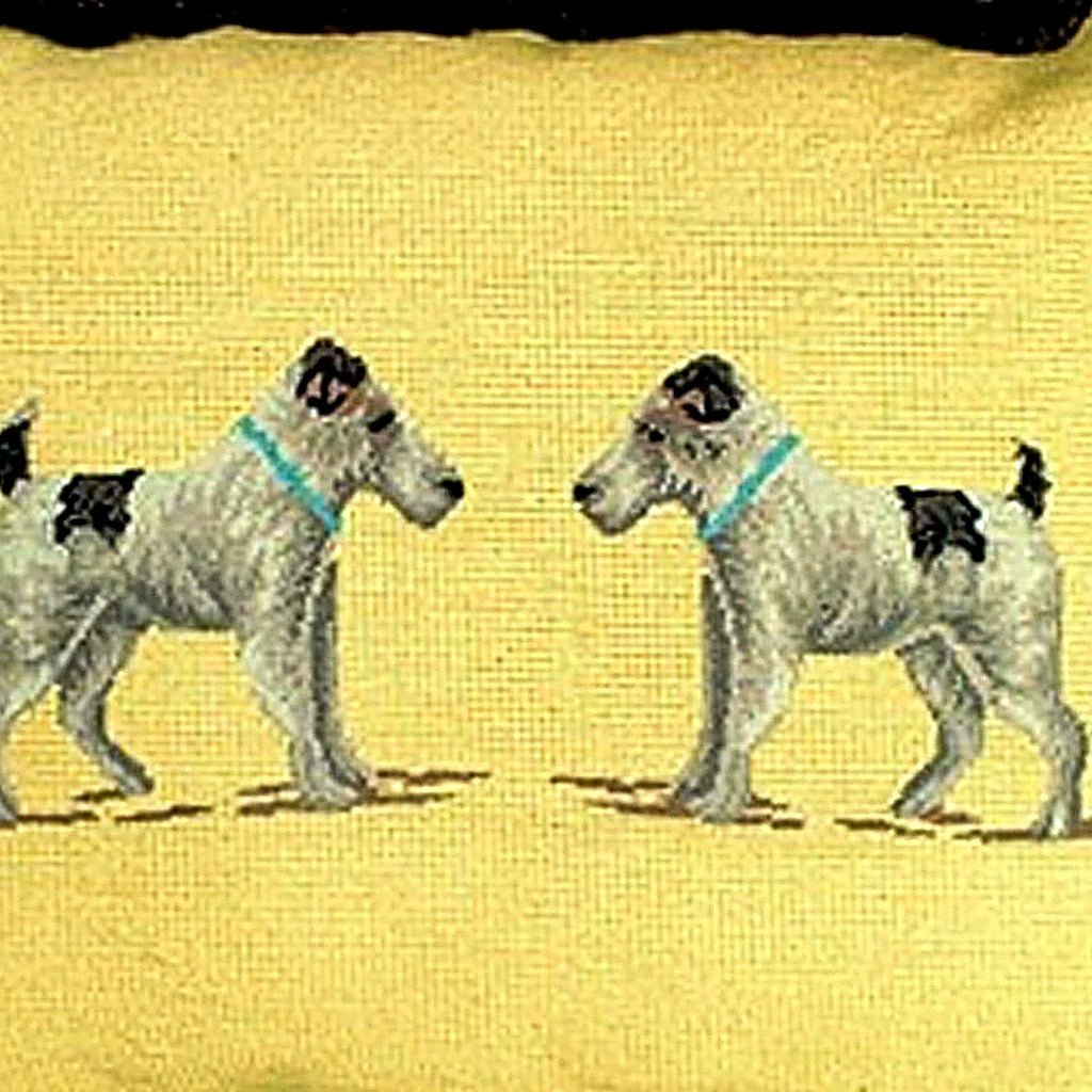 White Black Terrier pillow fabric closeup showing hand-embroidered needlepoint wool texture and color detail