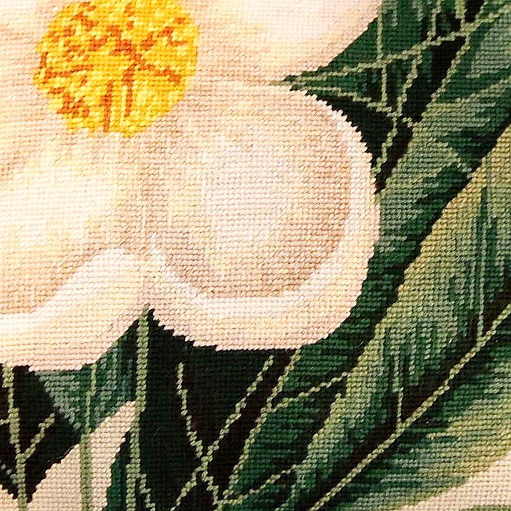 Hand-stitched wool detail of White Cherokee Rose Botanical needlepoint pillow showing intricate weave pattern and texture