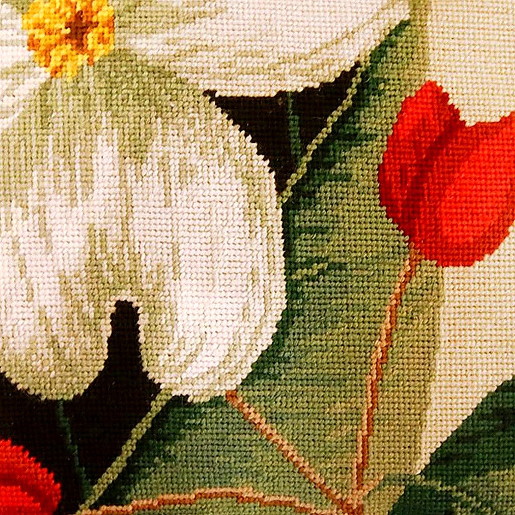 Closeup of White Dogwood Red Botanical needlepoint throw pillow highlighting hand-stitched wool craftsmanship and fabric detail
