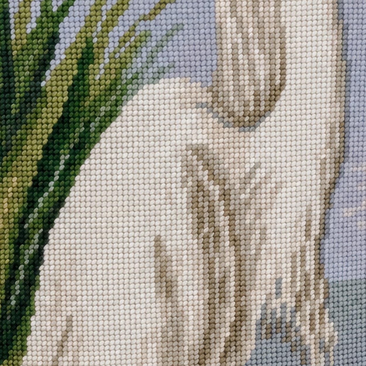 Close-up stitch detail of the White Egret Colonial Williamsburg needlepoint pillow showing wool texture