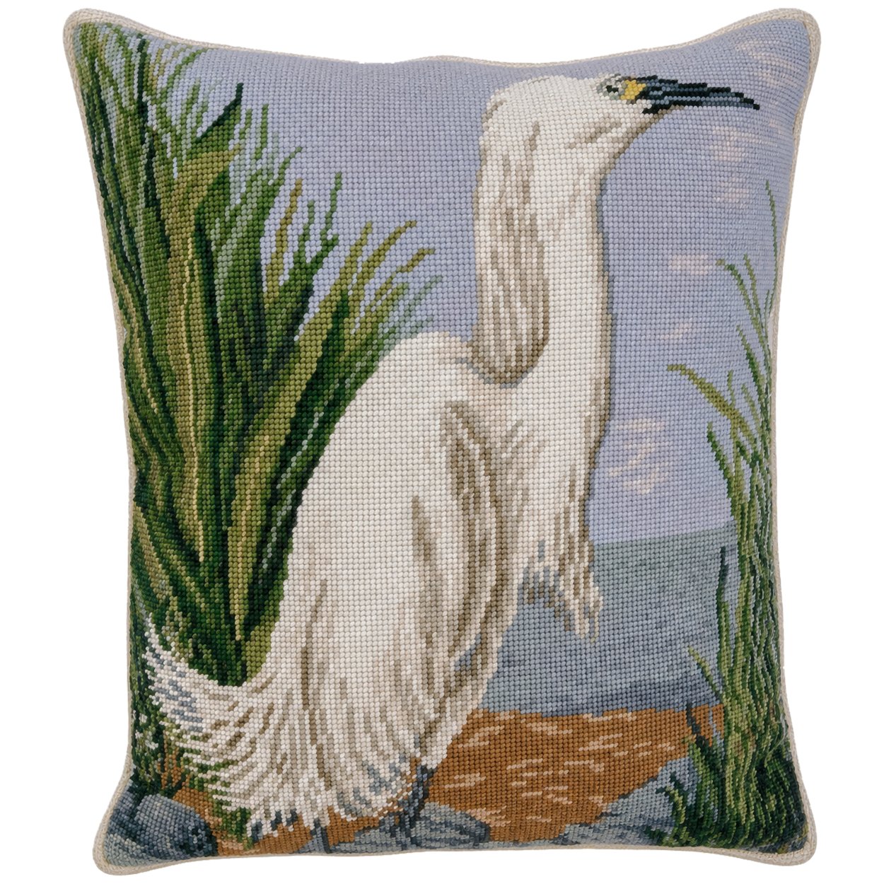 White Egret Colonial Williamsburg Wool Needlepoint Throw Pillow, 16x20, front view