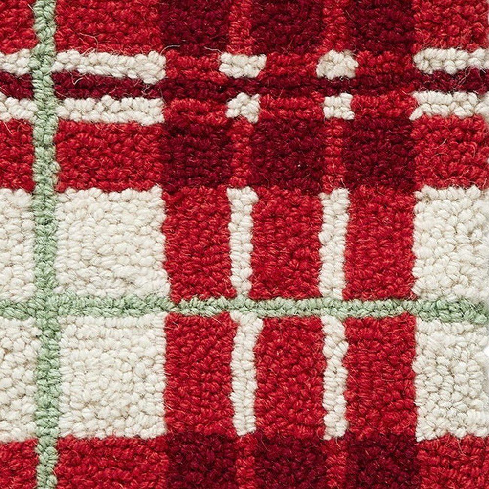 Closeup of White Festive Plaid Hooked Wool Christmas Stocking showing stitch texture and craftsmanship detail