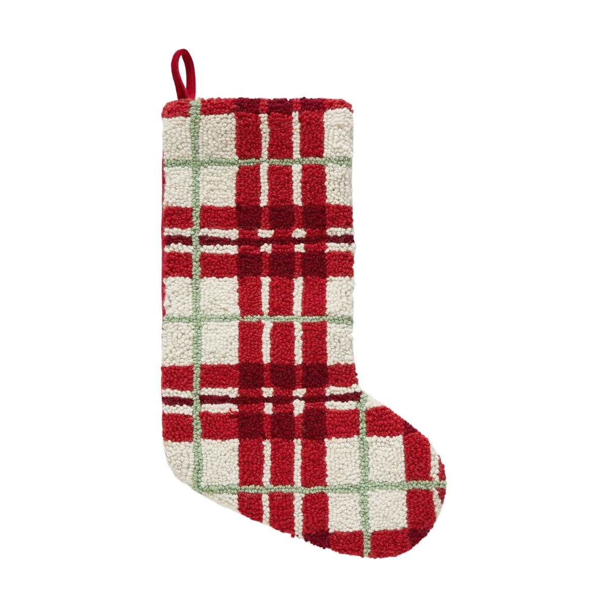 White Festive Plaid Hooked Wool Christmas Stocking, 12x20 inch, front view