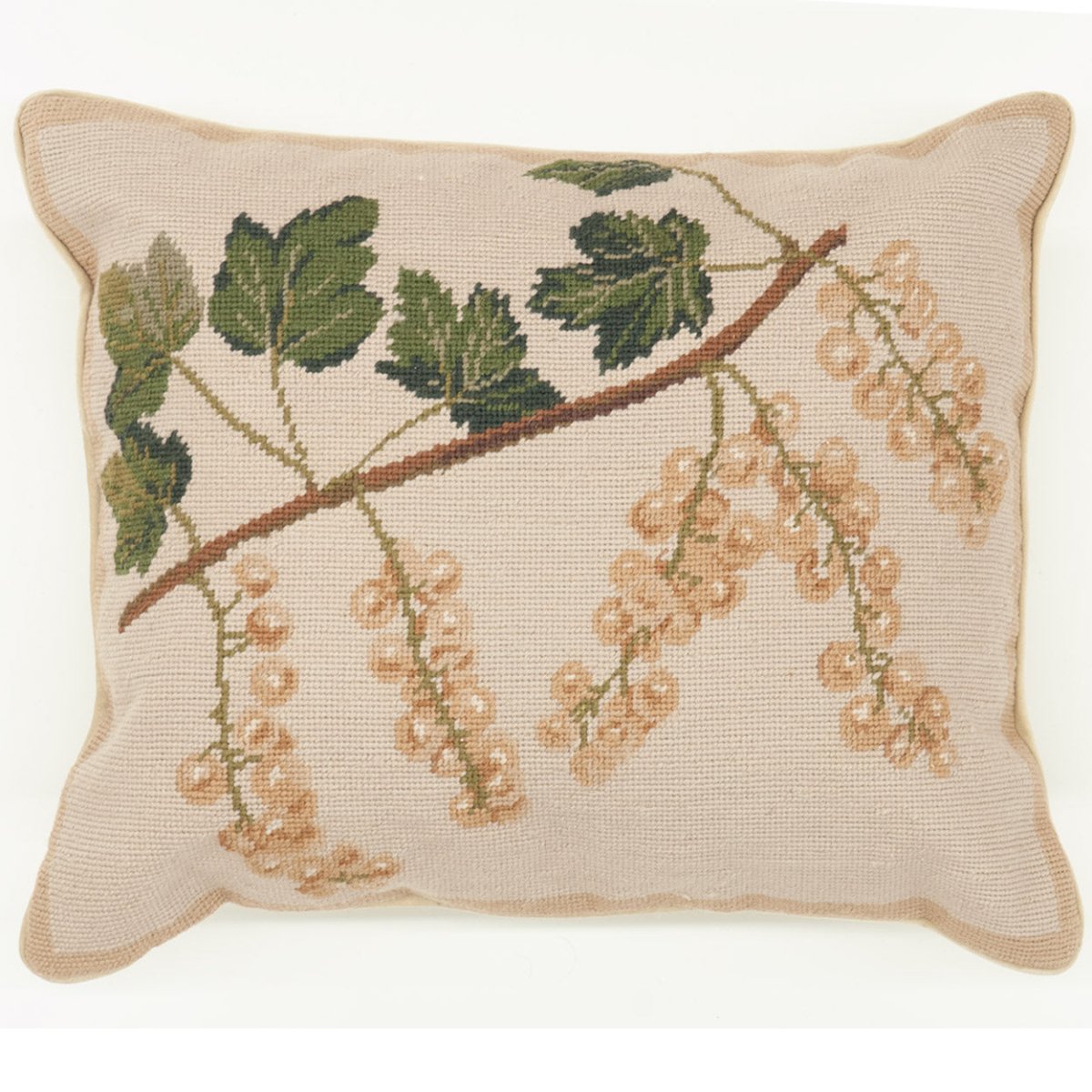 White Currants Artisan needlepoint throw pillow with botanical floral design