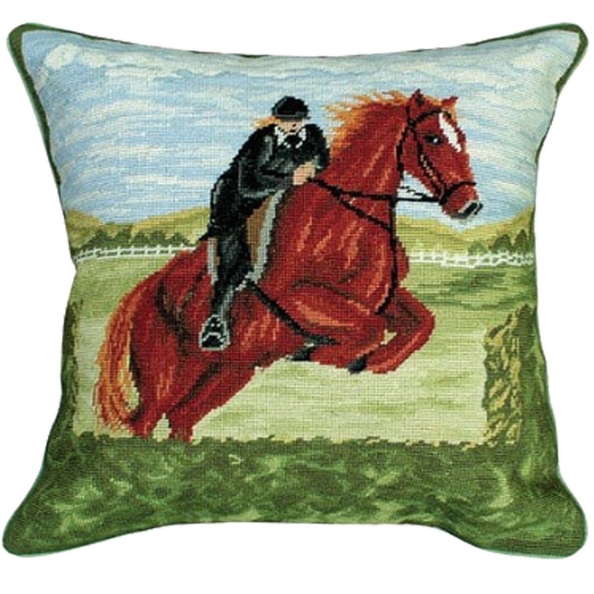 White Jumper English Horse needlepoint throw pillow with artisan decorative design