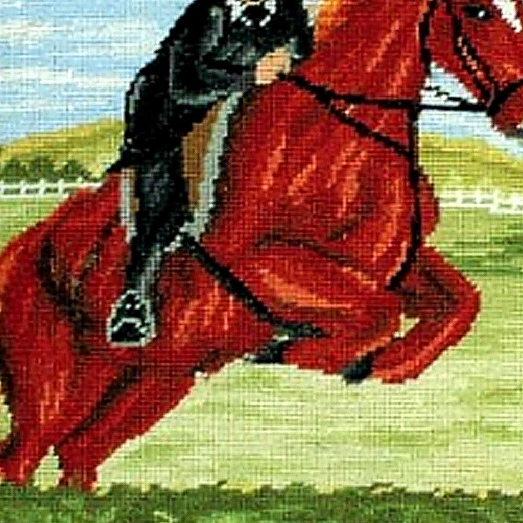 Closeup of White Jumper English Horse needlepoint throw pillow highlighting hand-stitched wool craftsmanship and fabric detail