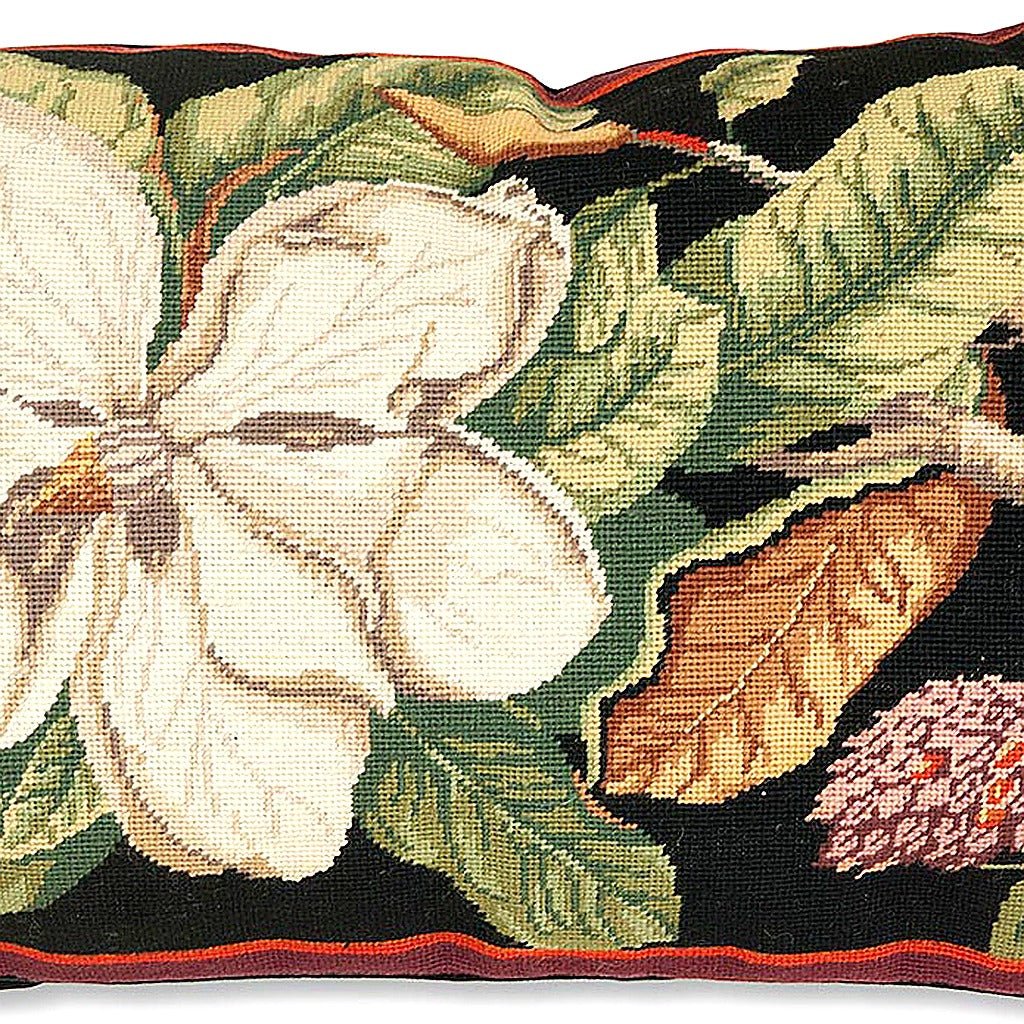 White Magnolia Botanical pillow fabric closeup showing hand-embroidered needlepoint wool texture and color detail