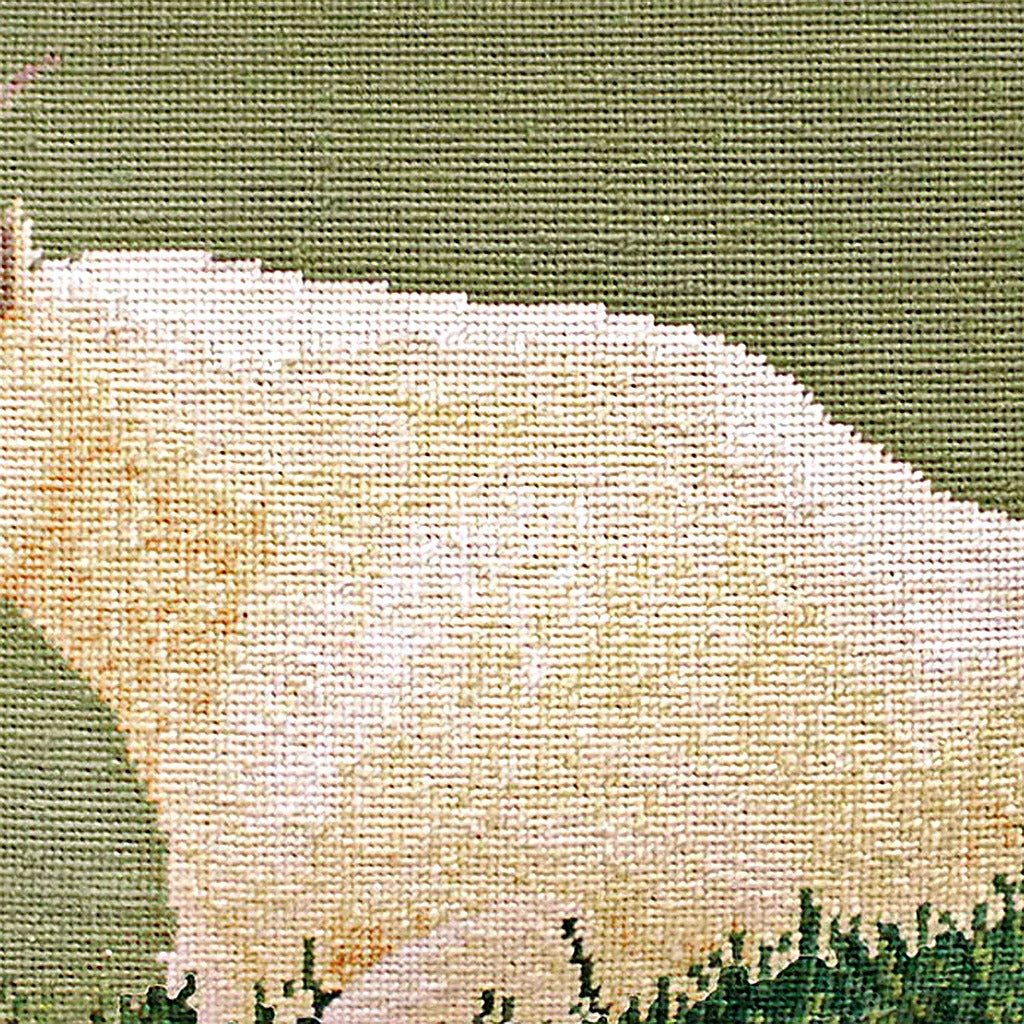 Closeup of White Mountain Goat Wildlife needlepoint throw pillow highlighting hand-stitched wool craftsmanship and fabric detail