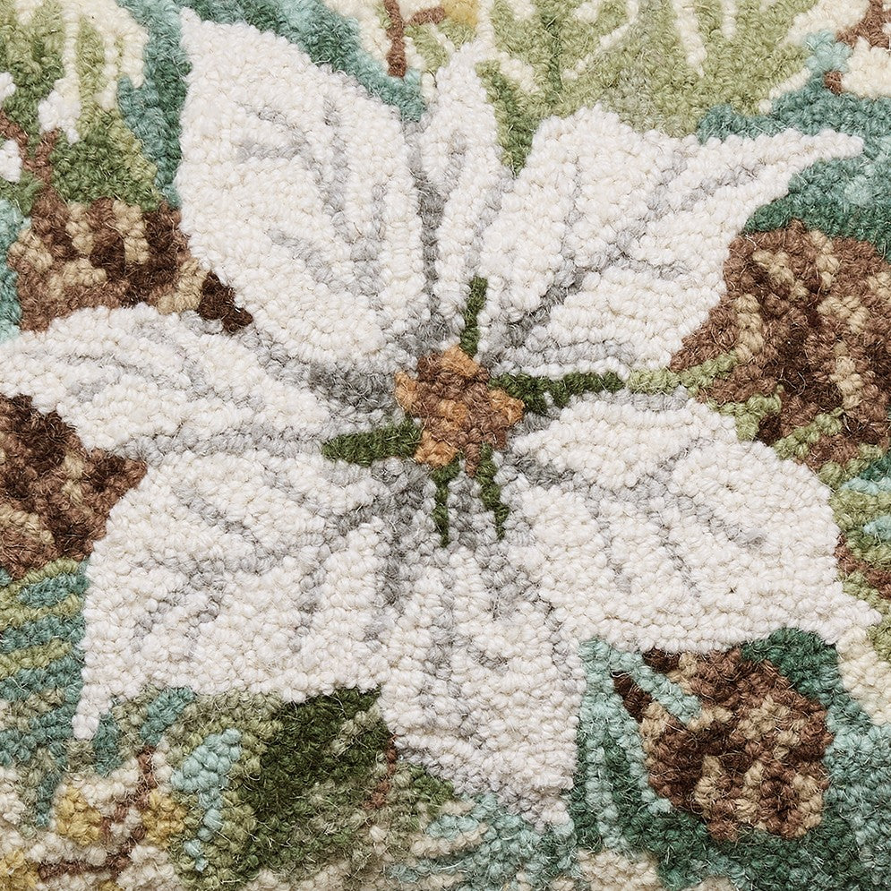 White Poinsettia with Pinecones Hooked Wool Christmas Throw Pillow, close-up detail