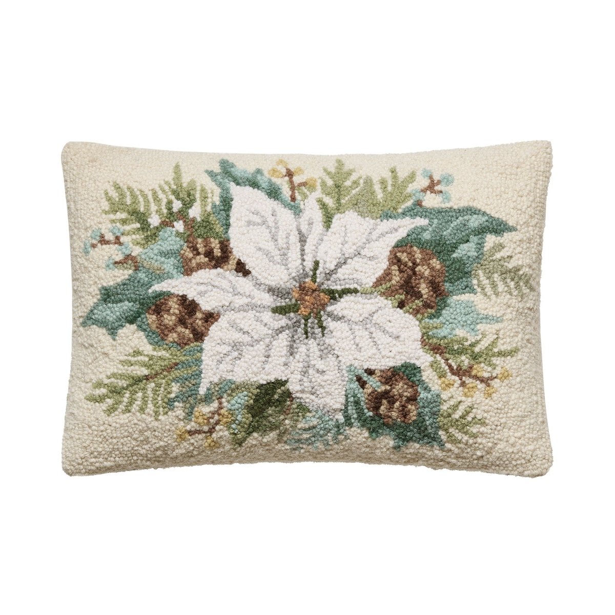 White Poinsettia with Pinecones Hooked Wool Christmas Throw Pillow, 12x18 inch, front view