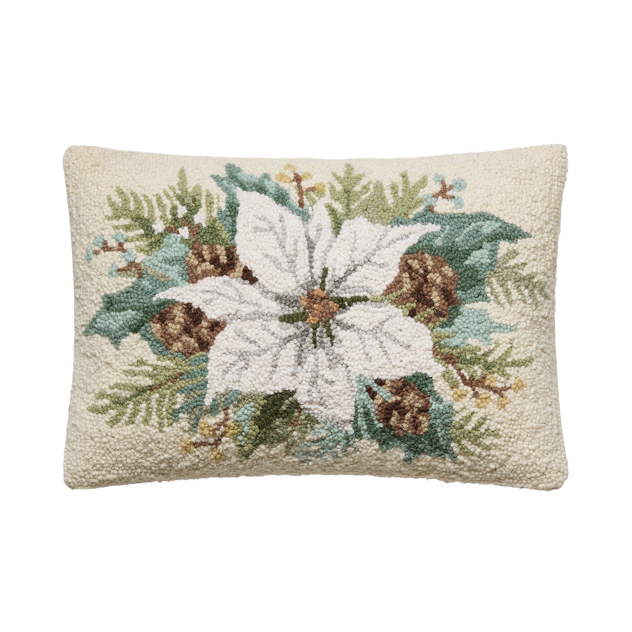 White Poinsettia with Pinecones Hooked Wool Christmas Throw Pillow, 12x18 inch, front view