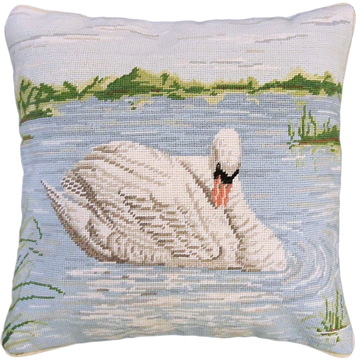 White Swan Lake needlepoint throw pillow with nautical coastal motifs