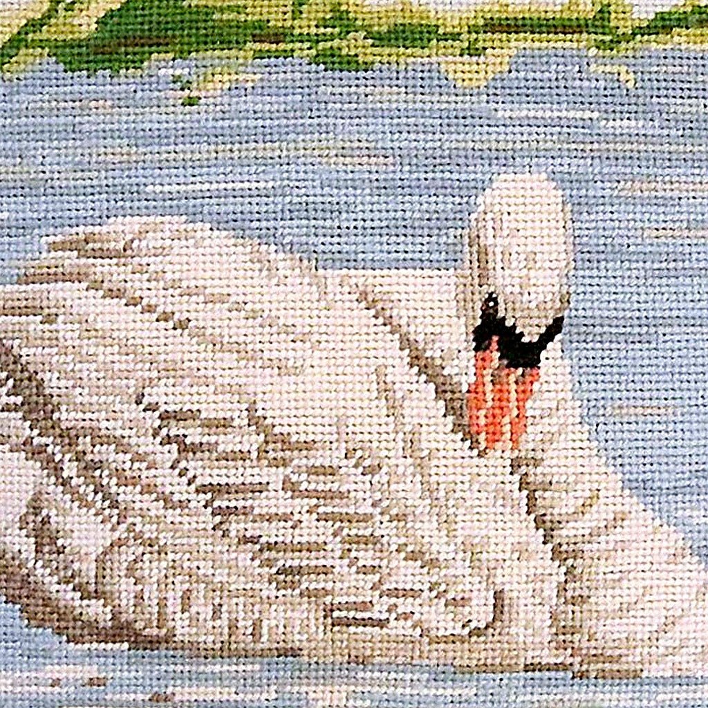 Closeup of White Swan Lake Coastal needlepoint throw pillow highlighting hand-stitched wool craftsmanship and fabric detail