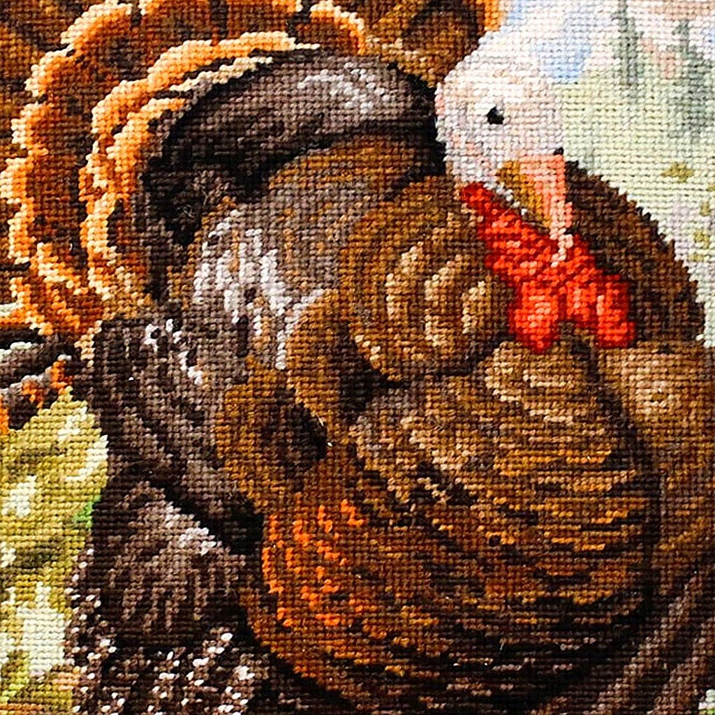 Wild Turkey Rustic Lodge pillow fabric closeup showing hand-embroidered needlepoint wool texture and color detail
