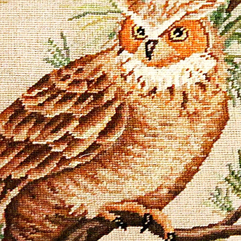 Wildlife Barn Owl Brown Lodge pillow fabric closeup showing hand-embroidered needlepoint wool texture and color detail