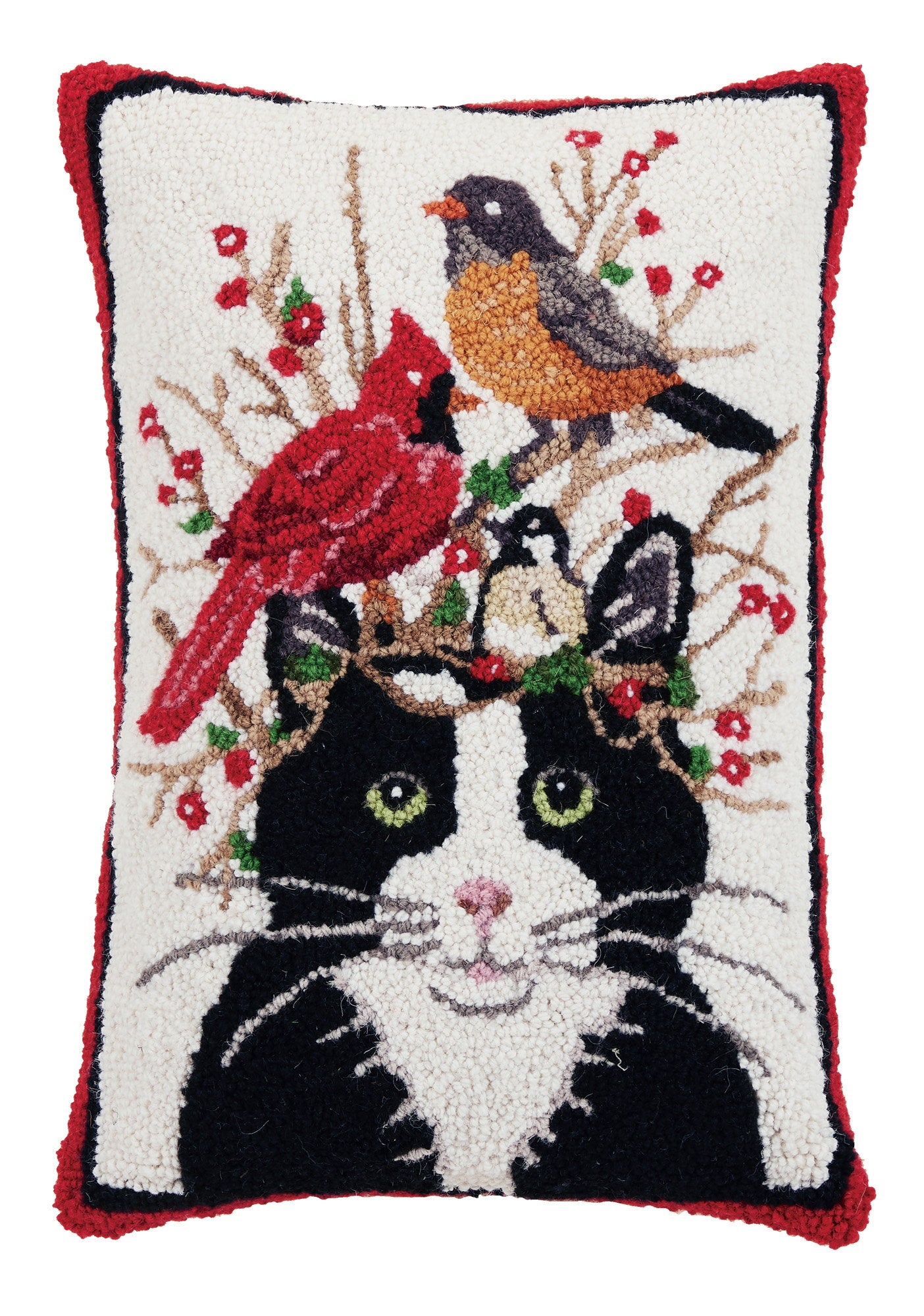 Winter Cat and Birds Hooked Wool Throw Pillow, 14x20 inch, front view