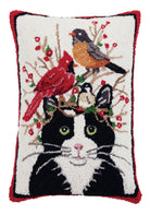 Winter Cat and Birds Hooked Wool Throw Pillow, 14x20 inch, front view