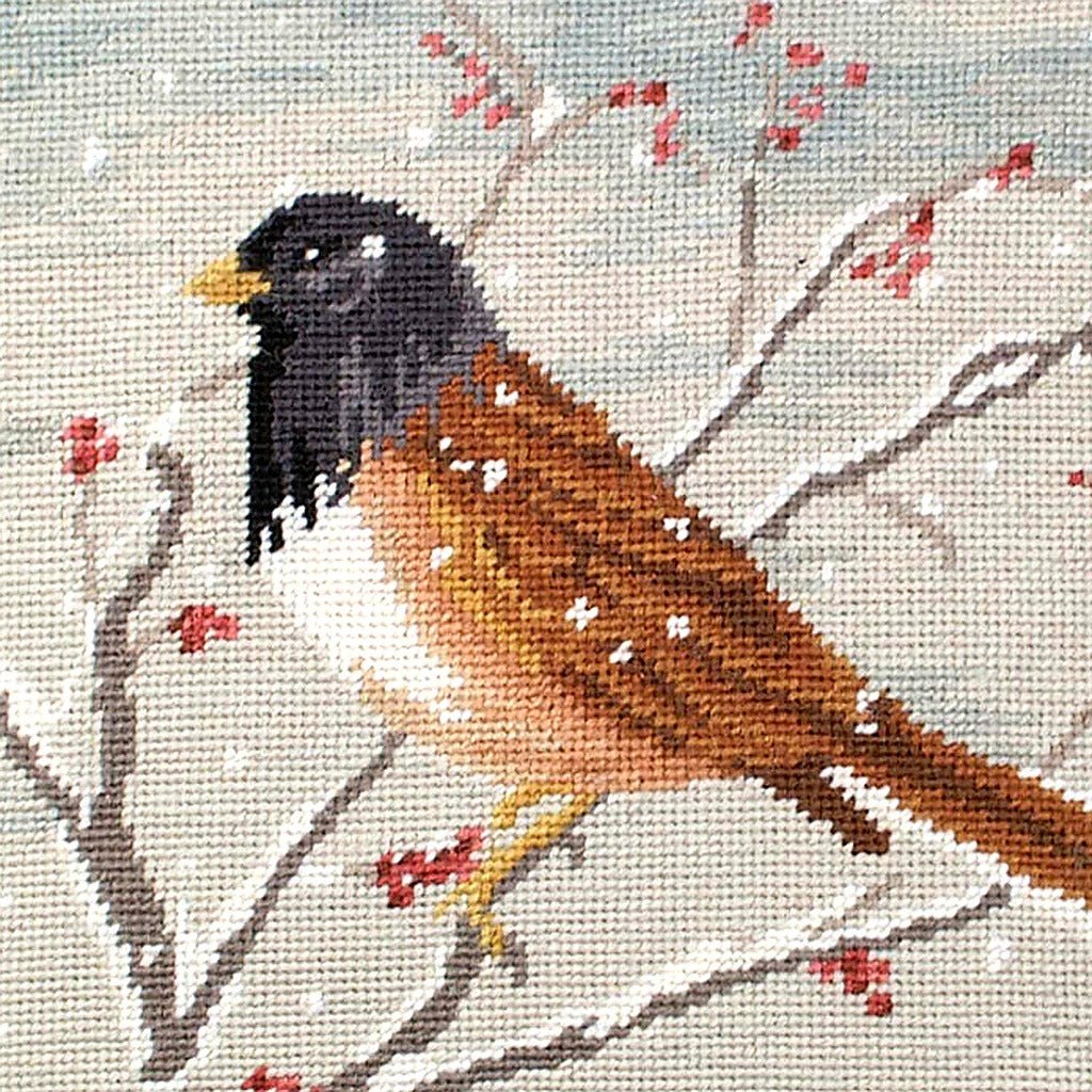 Hand-stitched wool detail of Winter Junco Bird Wildlife needlepoint pillow showing intricate weave pattern and texture