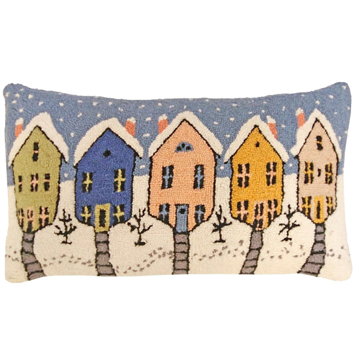 Winter Old Town Seasonal hooked wool throw pillow with artisan decorative design