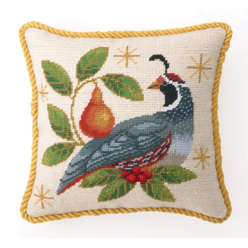 Winter Partridge Wool Needlepoint Christmas Throw Pillow, 12x16 inch, front view
