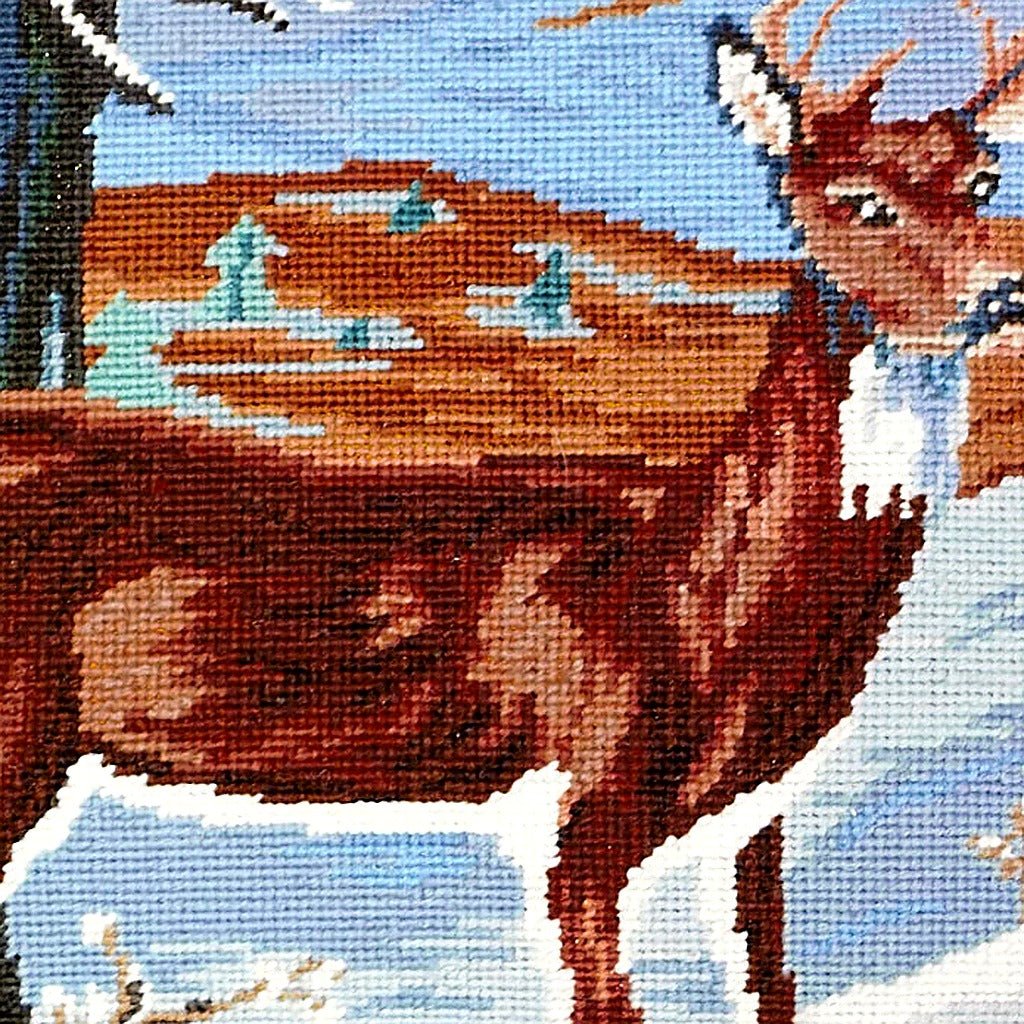 Winter Snow Deer Wildlife Lodge pillow fabric closeup showing hand-embroidered needlepoint wool texture and color detail