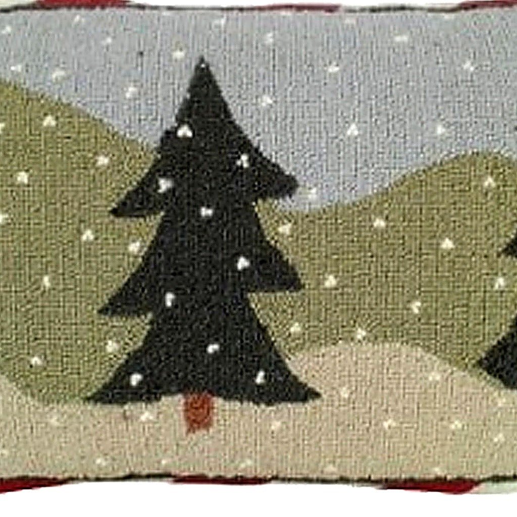 Closeup of Winter Snow Pine Trees Seasonal Wool Hooked needlepoint throw pillow highlighting hand-stitched wool craftsmanship and fabric detail