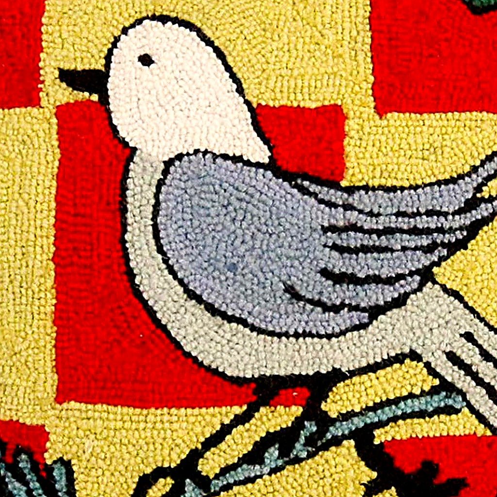 Winter White Bird Evergreen Wool Hooked pillow fabric closeup showing hand-embroidered needlepoint wool texture and color detail