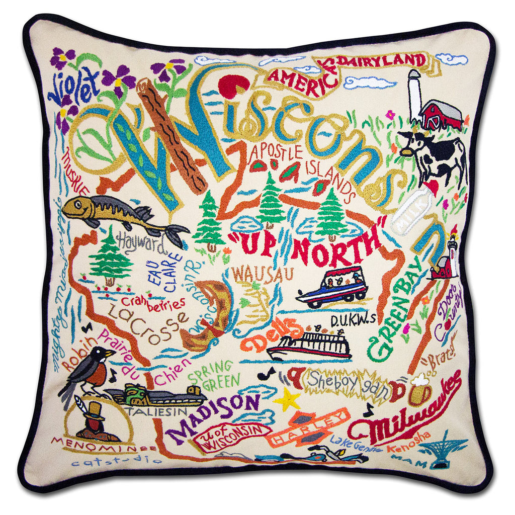 Wisconsin State Dairyland embroidered throw pillow with dairy farm scene.
