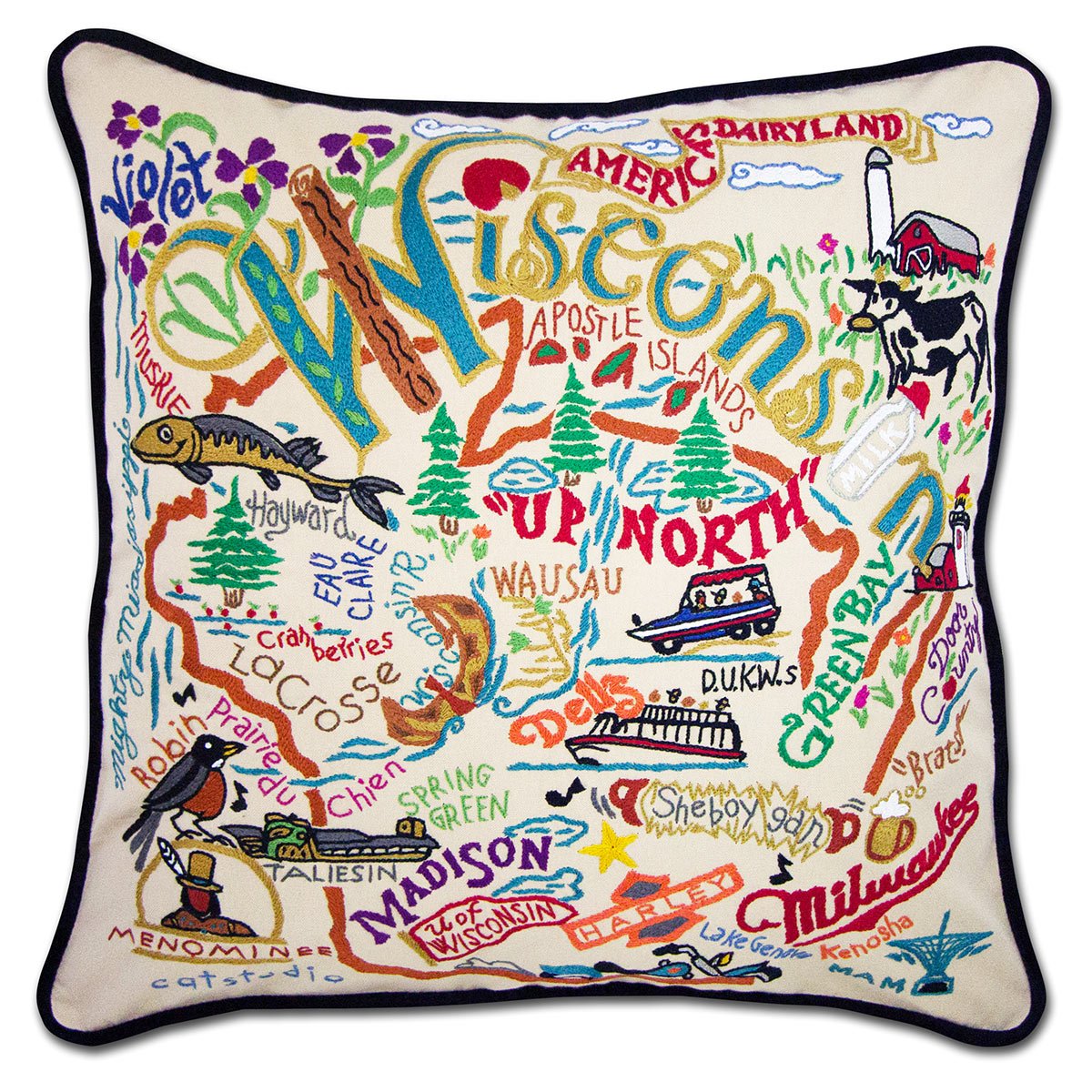 Wisconsin State Dairyland hand-embroidered throw pillow showcasing iconic landmarks