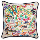 Wisconsin State Dairyland hand-embroidered throw pillow showcasing iconic landmarks