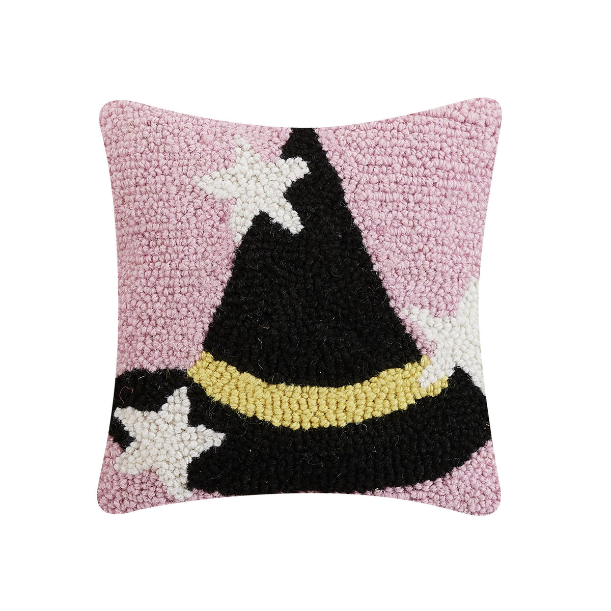 Witch Hat with Stars Hooked Wool Halloween Throw Pillow, 10x10 inch, front view
