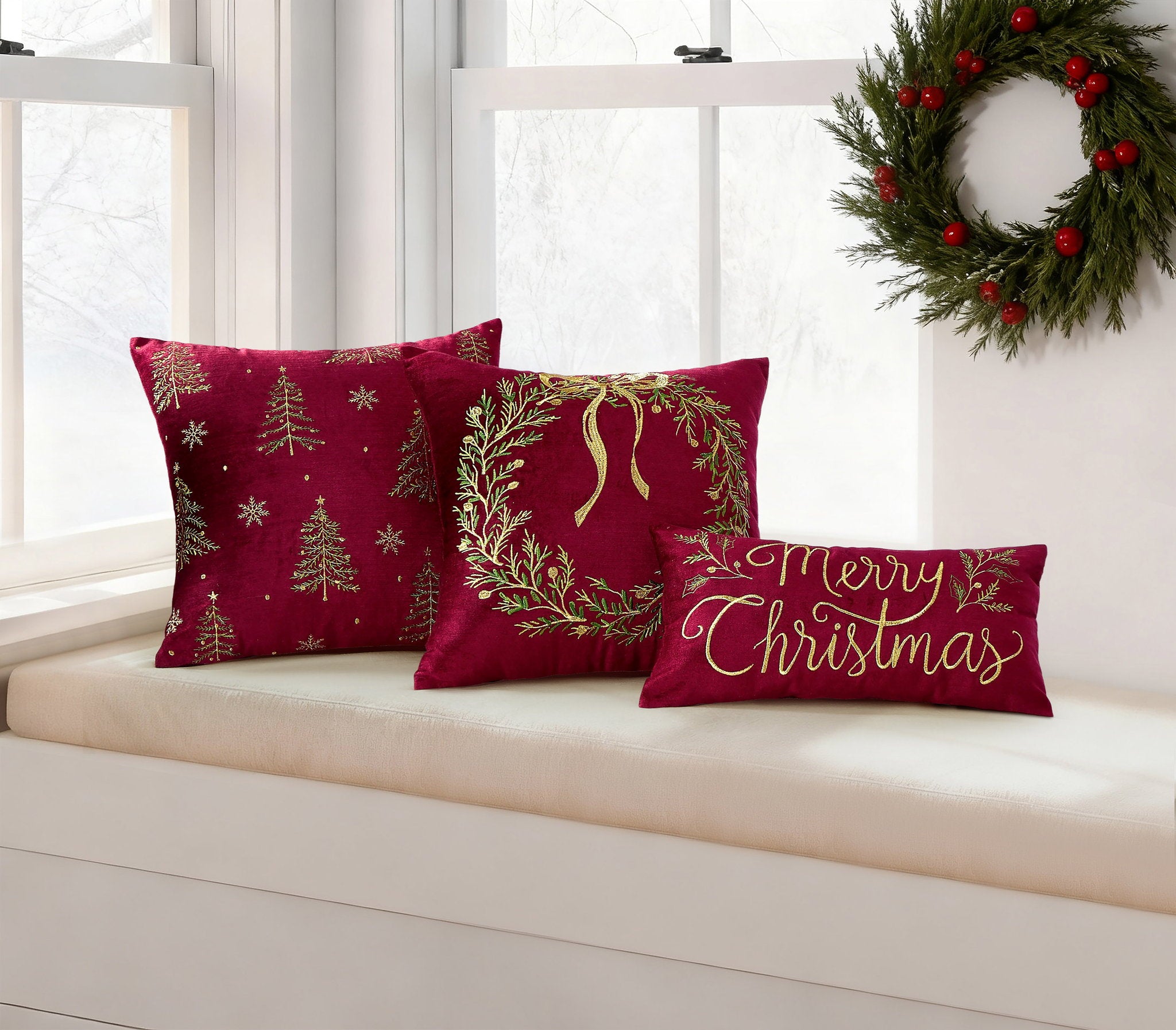 Wreath Velvet Embroidered Christmas Throw Pillow shown alongside other designs in the same collection, 16x16 inch