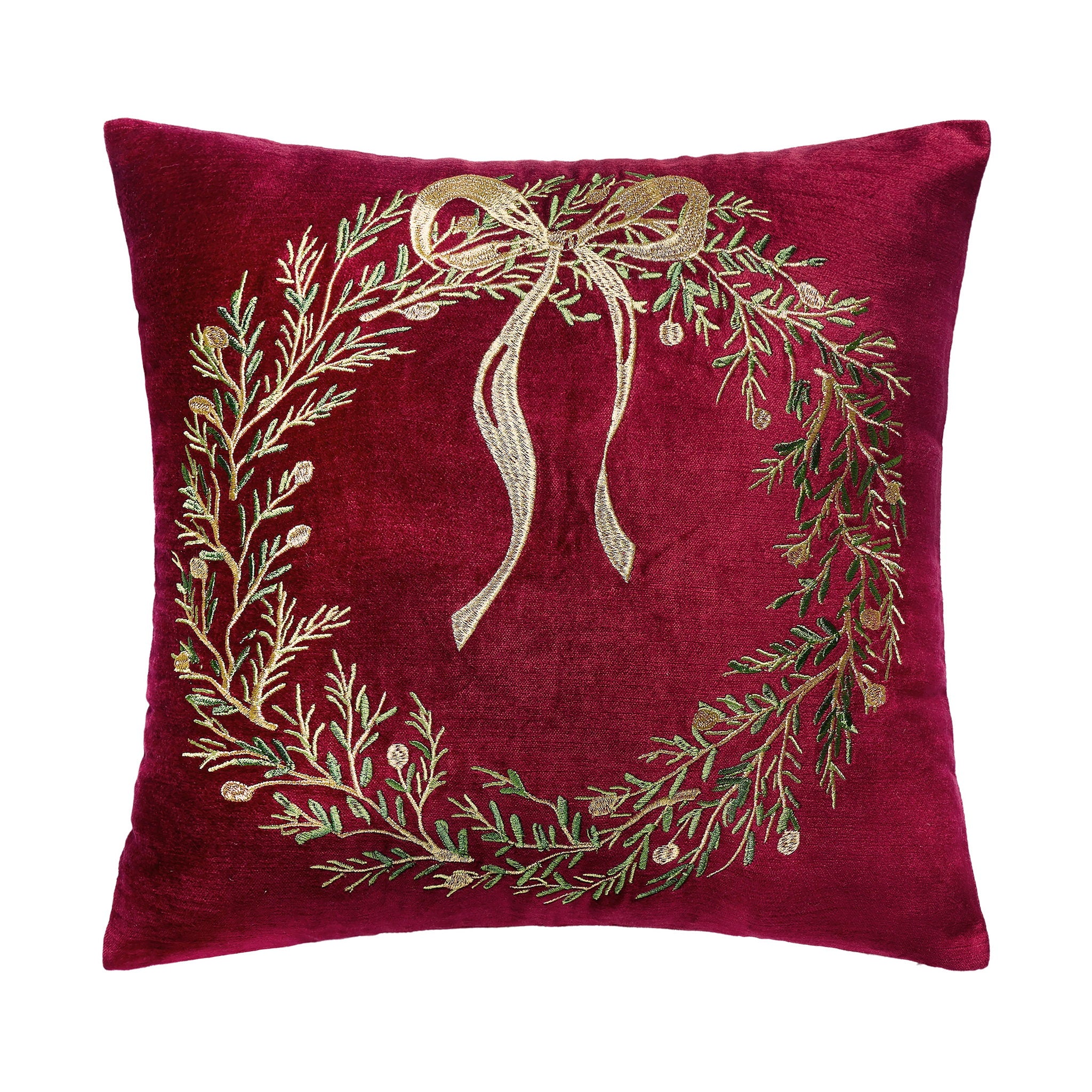 Wreath Velvet Embroidered Christmas Throw Pillow, 16x16 inch, front view