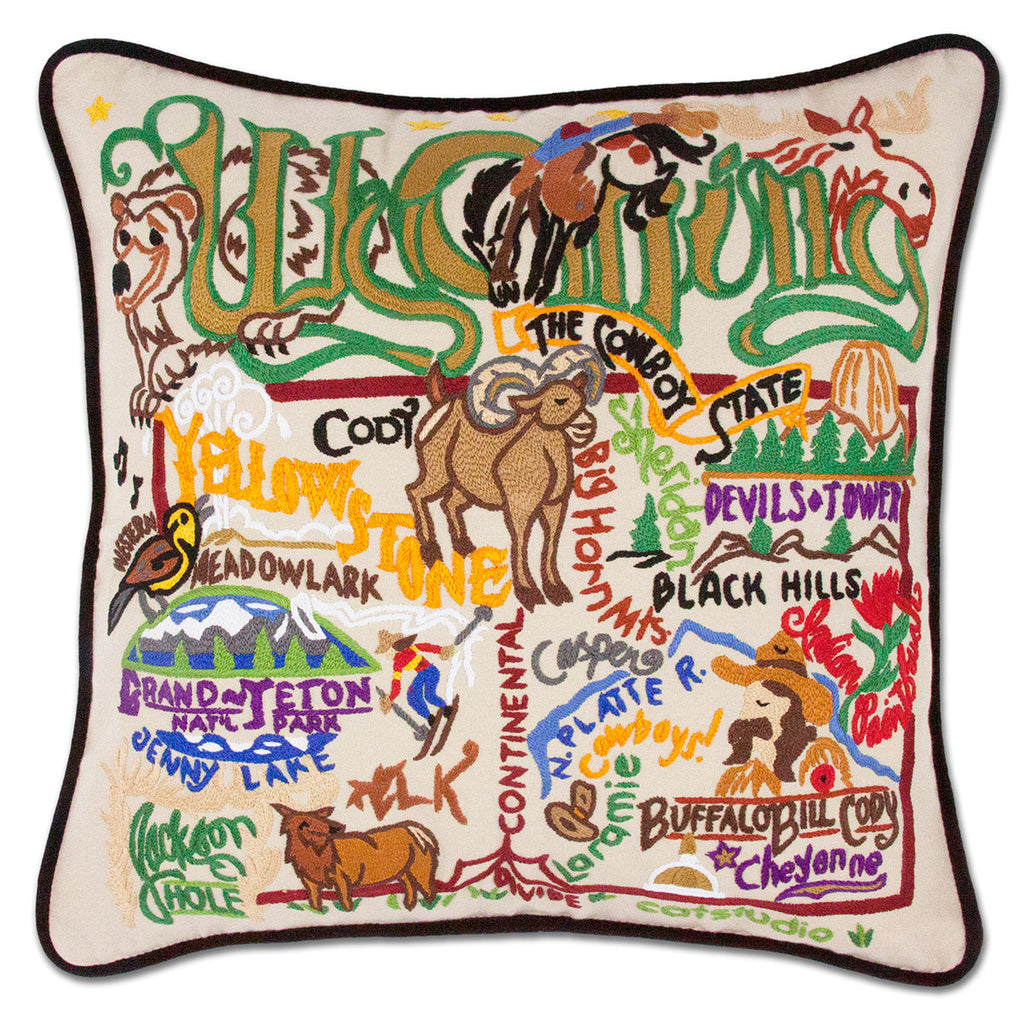 Wyoming State Cowboy embroidered throw pillow with western cowboy design.