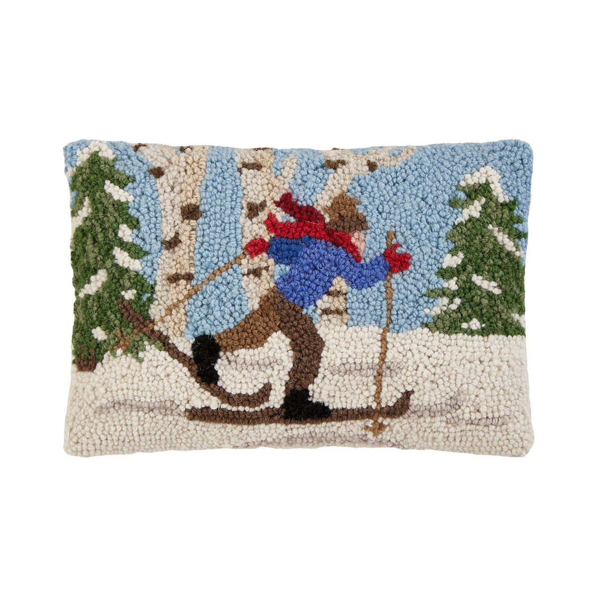 X-Country Skier Hooked Wool Christmas Throw Pillow, 8x12 inch, front view