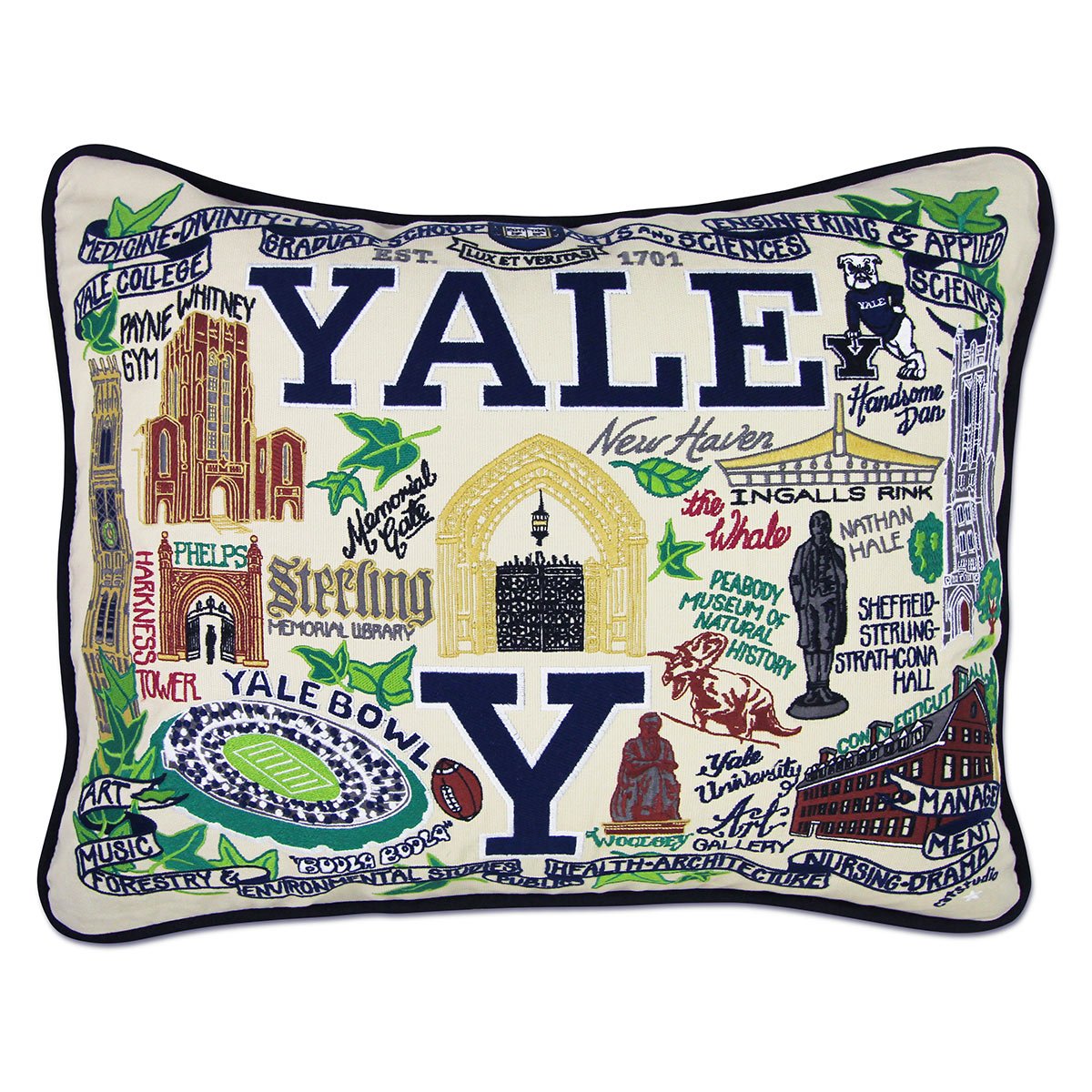 Yale University Bulldogs hand-embroidered throw pillow featuring school colors and mascot imagery