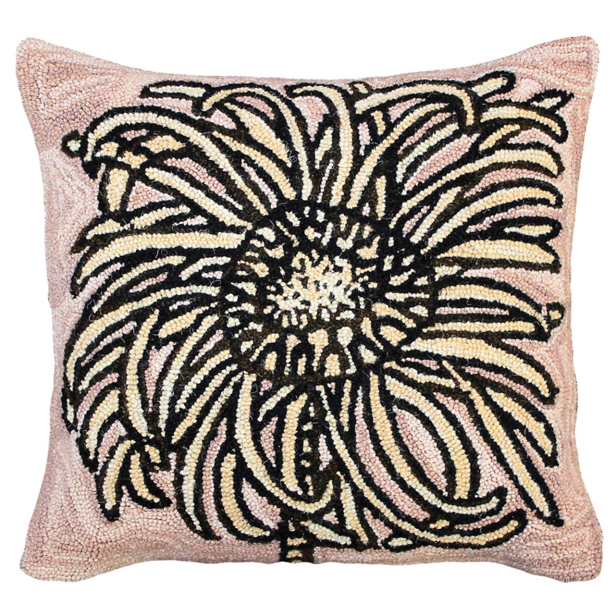 Yellow Abstract Flower hooked wool throw pillow with botanical floral design
