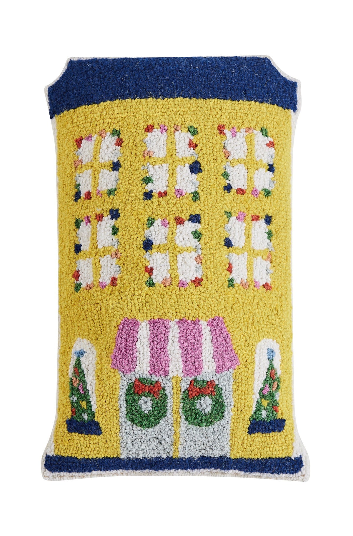 Yellow House Shaped Hooked Wool Christmas Throw Pillow, 12x18 inch, front view