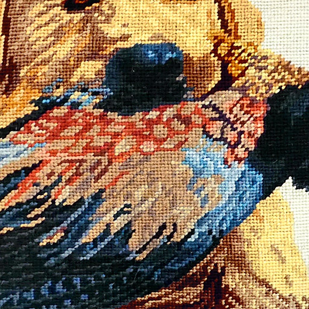 Yellow Lab Pheasant Hunters Lodge pillow fabric closeup showing hand-embroidered needlepoint wool texture and color detail