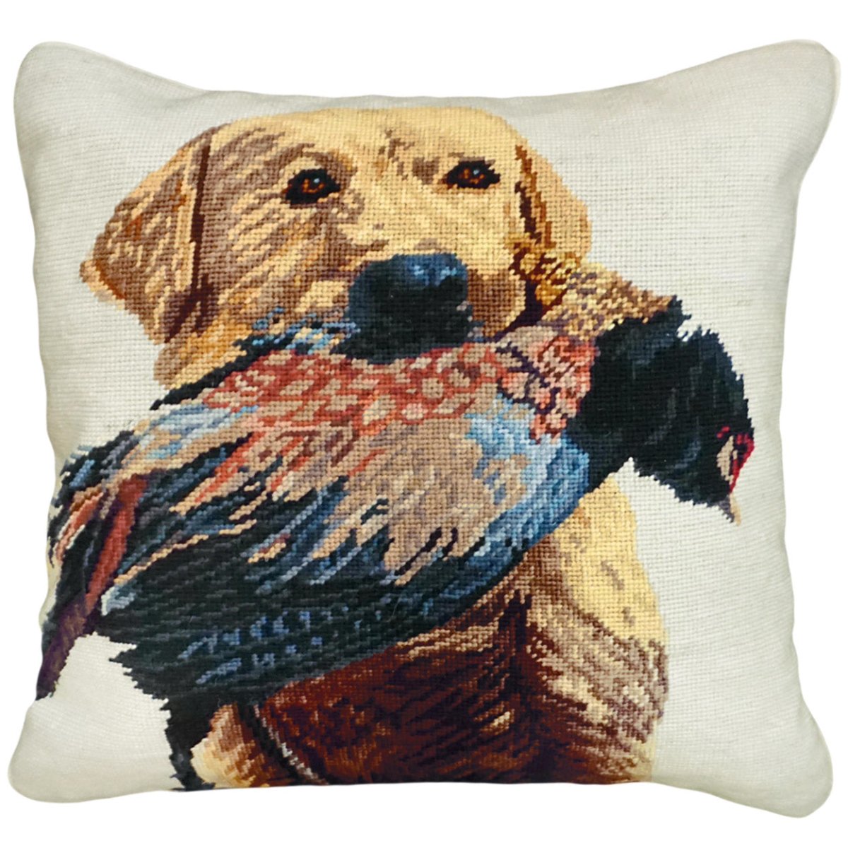 Yellow Lab Pheasant Hunters hand-embroidered throw pillow with rustic nature wildlife lodge design