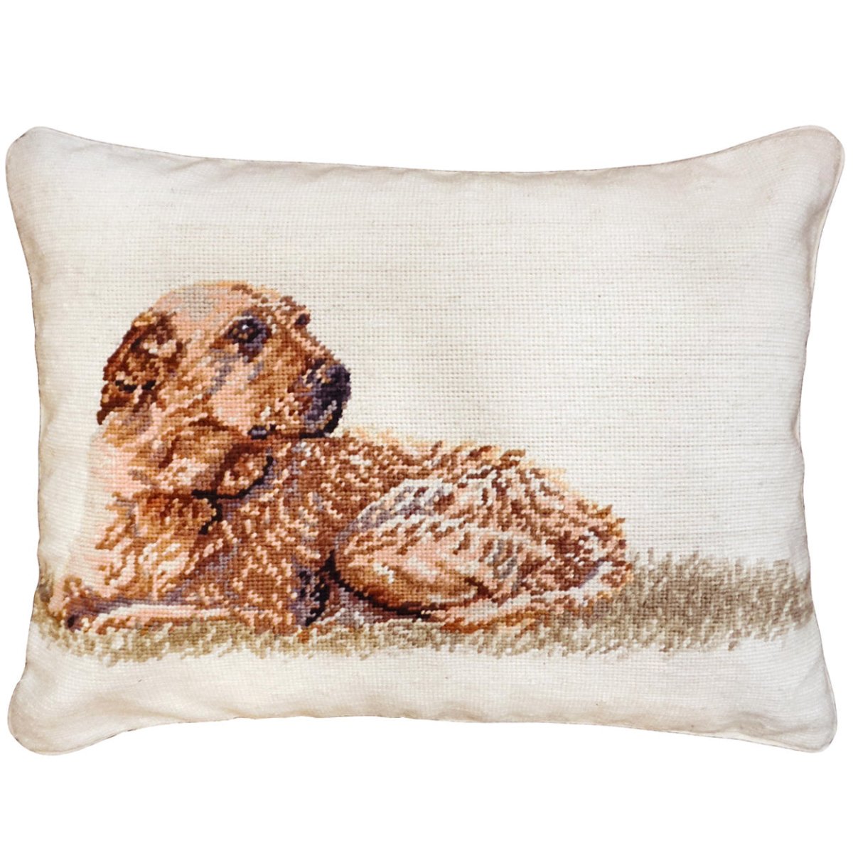 Yellow Lab needlepoint throw pillow with rustic lodge-style design