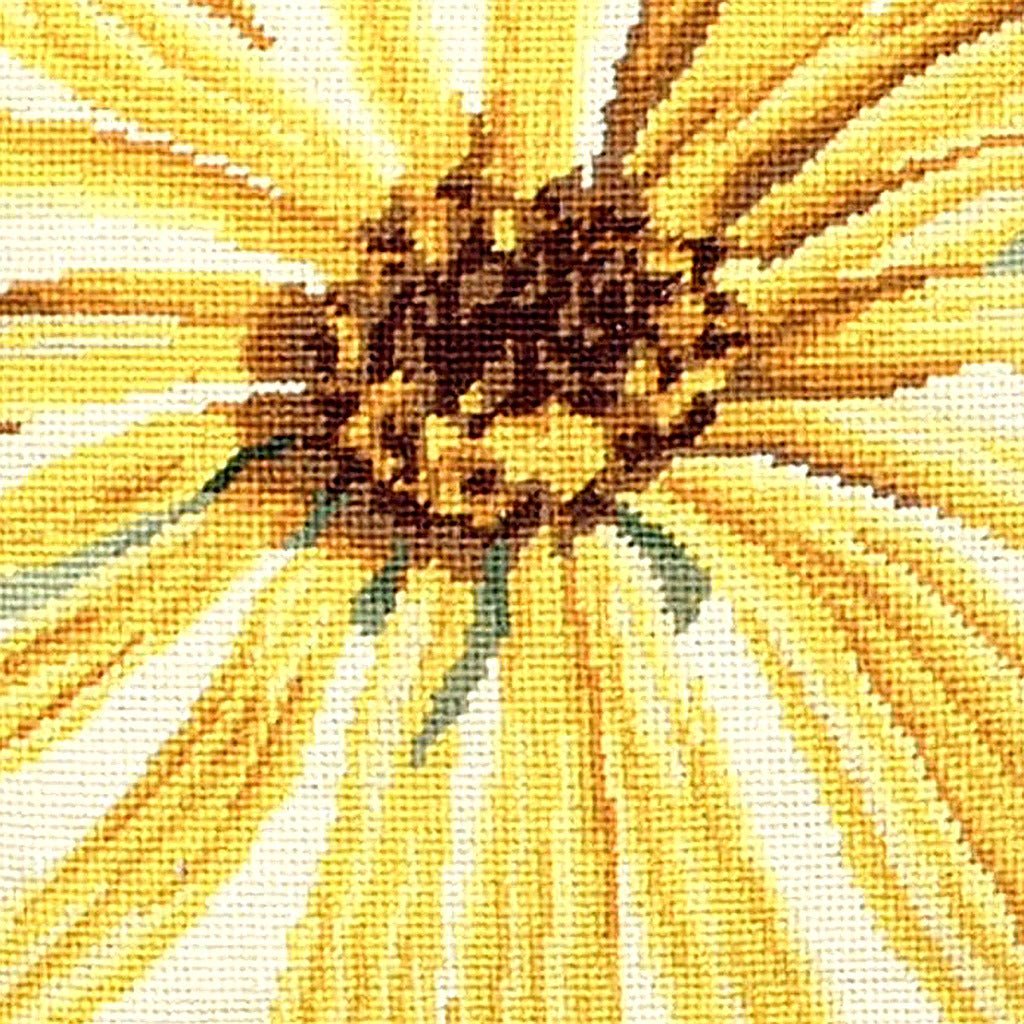 Closeup of Yellow Marigold Botanical needlepoint throw pillow highlighting hand-stitched wool craftsmanship and fabric detail