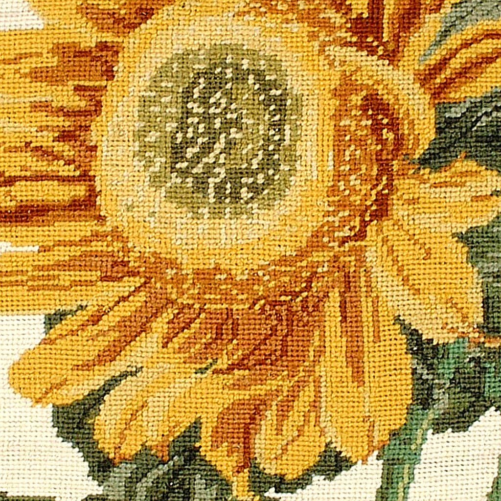 Yellow Sunflower Green Botanical pillow fabric closeup showing hand-embroidered needlepoint wool texture and color detail