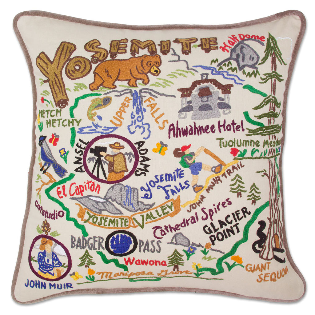 Yosemite Valley View Nature embroidered throw pillow with scenic valley landscape.